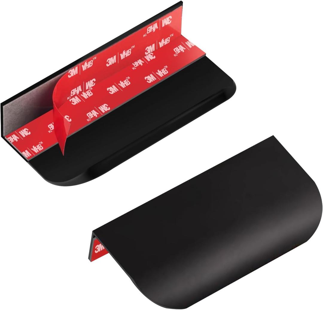 10 Pack Adhesive Edge Finger Pulls for Cabinets Kitchen Aluminum Alloy Concealed Drawer Pulls No Drilling Required Flat Stick On Cabinet Handles (Black, 3.15" Overall Length)