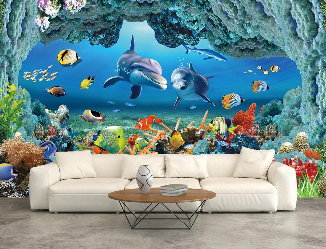 Bormia Wall Mural Underwater Wallpaper 3D Dolphin Large Photo Wallpaper for Livingroom Bedroom Kids Room Nursery, 108"x75" (Blue)