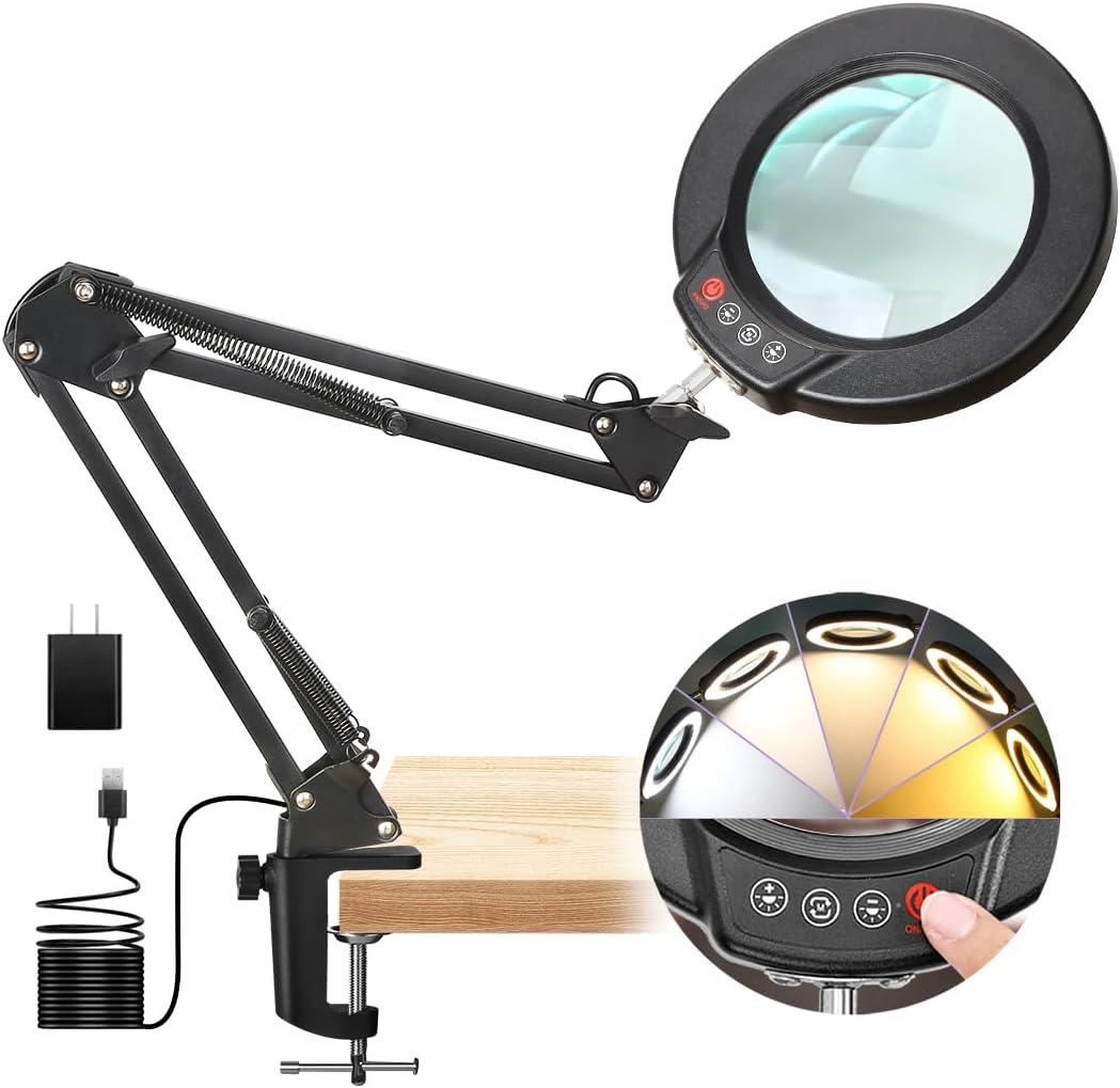 10X Magnifying Glass with Light and Clamp, Real Glass Lens, 5 Color Modes LED Dimmable Magnifier, Hands Free for Crafts, Jewelry, Painting, Sewing, Close Work (Black)