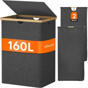 Lifewit 160L Double Laundry Hamper with Lid, Extra Large Bamboo Laundry Basket Dirty Clothes Hamper, 2 Section Laundry Bin Organizer for Laundry Room Bedroom with 2 Removable Liners & Bags, Black (Dark Gray)