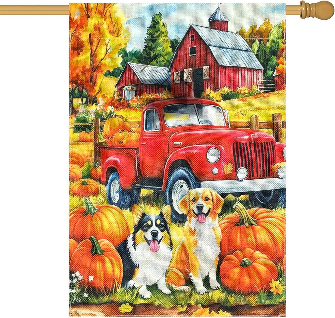 JRED Fall Dogs Garden Flags 28x40 Inch, Double Sided Autumn Pumpkin Burlap Flags for Outside, Puppys Yard Flag Decorations for Home Farmhouse Holiday