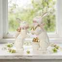 WDS WONDROUS White Easter Bunny Figurines Set of 2, Resin Rabbit Statues with Gold Eggs & Pink Ribbon Bow, Spring Home Decor Centerpiece, Indoor Easter Decorations & Gift for Women, Family