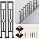 2Pcs 35.4in U-Shaped Stair Handrail, Matte Black Hand Rail with Rhombus Pattern, Wrought Iron Outdoor Stair Railing for Porches, Decks, Fences, Black