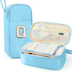 Large Pencil Case,Big Capacity Pencil Pouch,Personalized Initial Pencil Bag with smooth zipper,Multiple Pockets,Cute Aesthetic Stationery Pen Case Bag for Teen Girls College (Blue, Q)