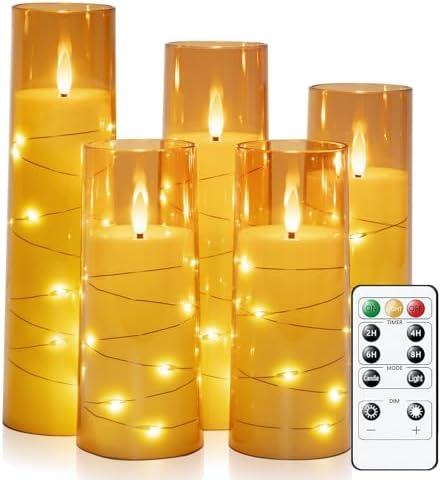 Raycare Flameless Candle with Remote Timer – 4 Flickering Acrylic Battery Operated LED Pillar Candles with Embedded Star String for Christmas, Home Decor, and as a Gift(Glod)