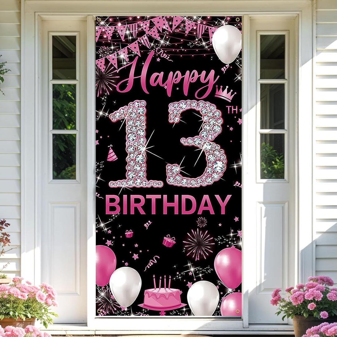 Happy 13th Birthday Decoration for Girls, Fabric 13th Birthday Banner Backdrop Hot Pink, 13 Year Old Birthday Party Yard Sign Photo Booth Props Door Decor, Indoor Outdoor(3 x 6.1ft)