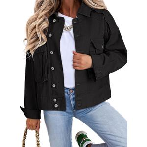 Dokotoo Women's Cargo Jean Jacket - Cropped Button Spring Fashion Coat for Women (XX-Large, Black)