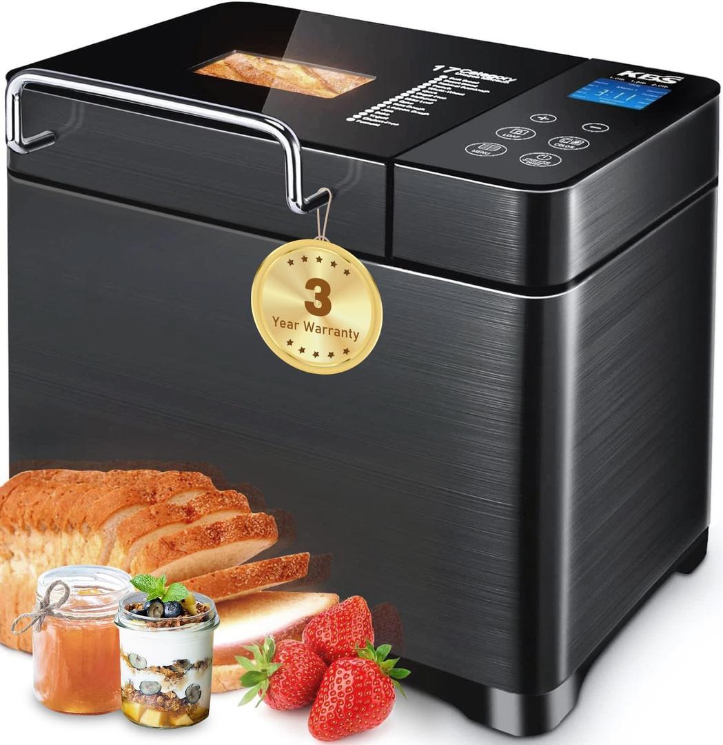 KBS 17-in-1 Bread Maker-Dual Heaters, 710W Machine Stainless Steel with Gluten-Free, Dough Maker,Jam,Yogurt PROG, Auto Nut Dispenser,Ceramic Pan& Touch Panel, 3 Loaf Sizes 3 Crust Colors,Recipes