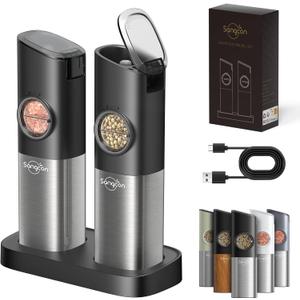 Sangcon Gravity Electric Salt and Pepper Grinder Set [Upgraded Larger Capacity] USB Rechargeable With Dual Charging Base - Automatic One Hand Operation - Adjustable Coarseness & LED Light Refillable (Black)