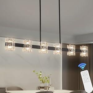 Kaiyuan 47'' Black Linear Chandelier, Modern Farmhouse Kitchen Island Light with Glass Shades, 6 Light Dimmable LED Pendant Light for Dining Room