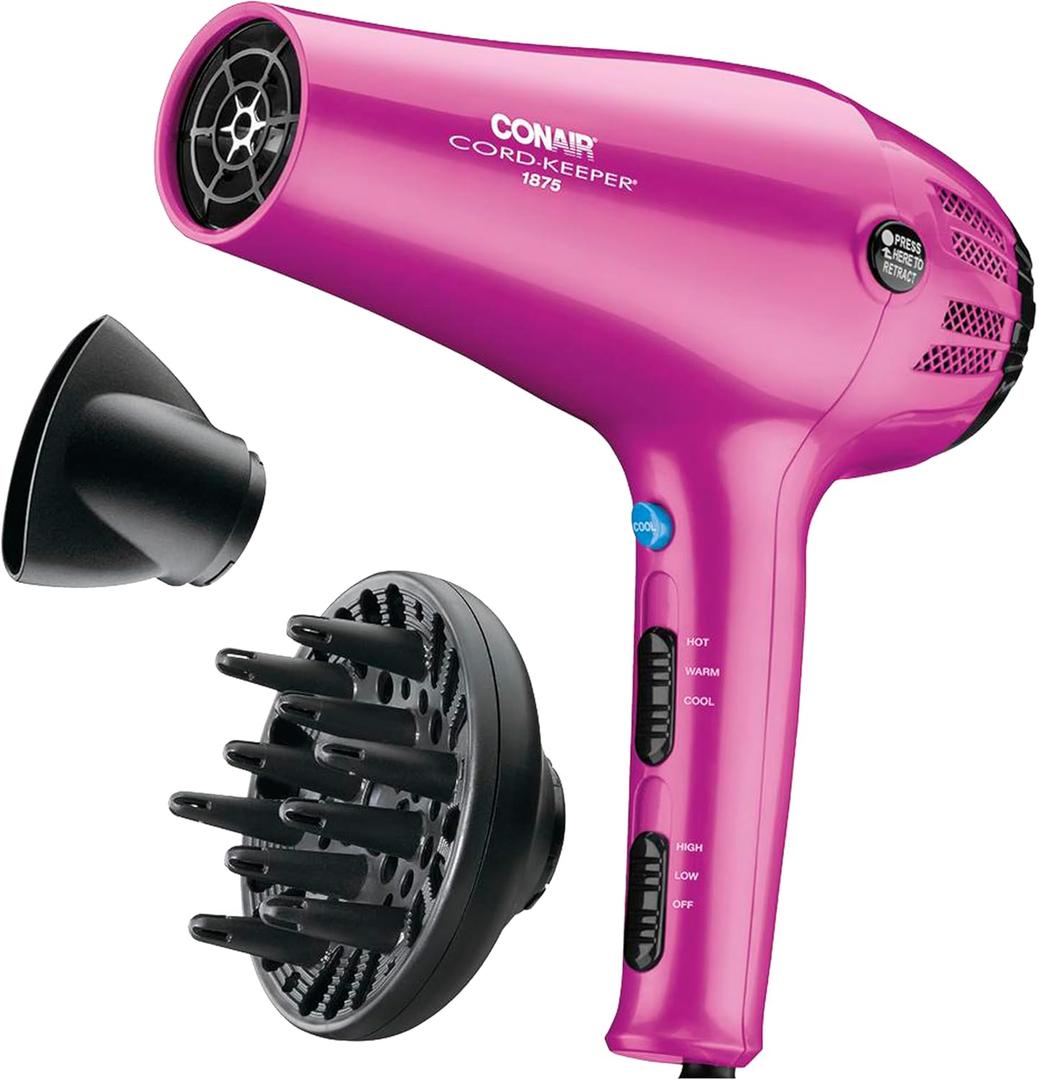 Conair Hair Dryer with Retractable Cord, 1875W Blow Dryer, 3 Heat Settings, 2 Speeds, Blow Dryer with Diffuser and Concentrator Attachments, Ionic + Tourmaline Technology, Purple