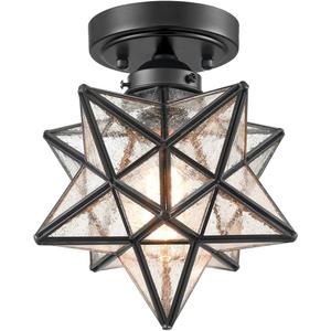 Moravian Star Light Flush Mount Ceiling Light Black with Seeded Glass Shade for Living Room Bedroom Kitchen Hallway, Seeded Glass 8in