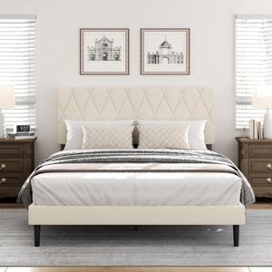 Queen Size Bed Frame with Diamond Tufted Headboard, Velvet Upholstered Platform Bed and Wooden Slat Support, Noise-Free, No Box Spring Needed, Easy Assembly, Beige