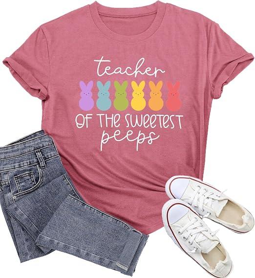 Potia Easter Teacher Shirt for Women Happy Easter Bunny Shirts Teacher of The Sweetest Tees Tops Pink XL
