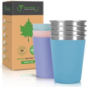 Stainless Steel Cups for Kids and Toddlers, 12oz Stackable Stainless Steel Kids Cups with Silicone Sleeves Sweat Proof, Unbreakable Metal Cups for Home & Outdoor Activities, BPA Free (4 Pack) (Blue, Green, Pink, Purple)
