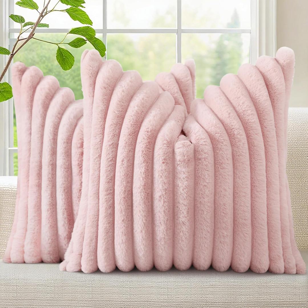 decorUhome Faux Fur Spring Throw Pillow Covers 16x16 Set of 2, Decorative Soft Plush Striped Neutral Couch Pillow Covers with Velvet Back for Sofa, Bed, Living Room Home, Pink