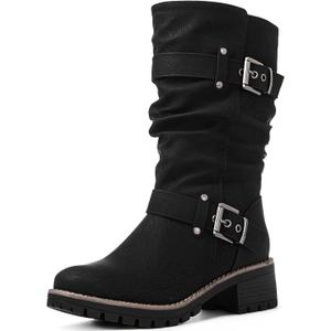 GLOBALWIN Women's Mid Calf Dress Boots Biker Motorcycle Riding Boots Women For Women (9, 21yy08black)