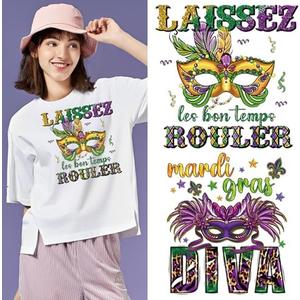 Carnival Iron on Sticker Decal Mardi Gras Patches for Clothing Mask Flower Washable Heat Transfer Decals Vinyl Stickers for Clothes Bag T-Shirt DIY Decor, 2 Pack