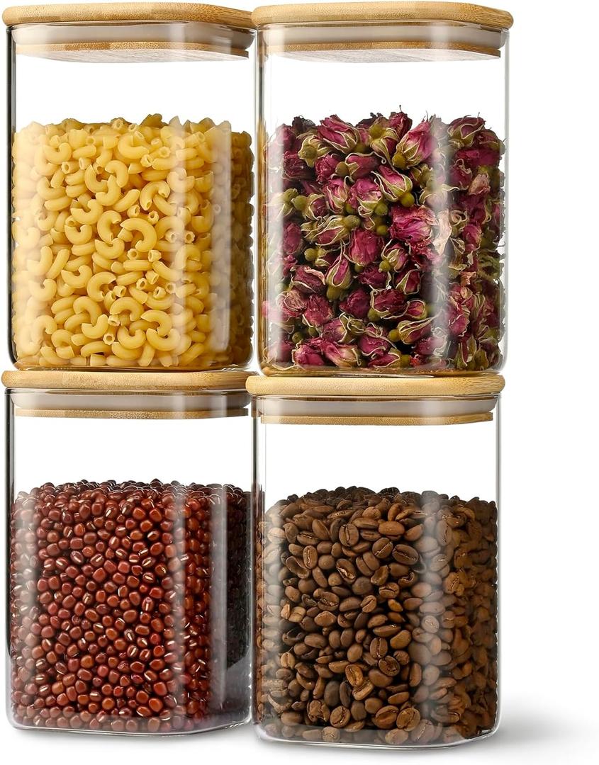 41oz Airtight Glass Square Storage Canister with Bamboo Lid Set of 4 (1200ml) Container Stackable Jar, Kitchen Canister for Pantry Noodles, Flour and Coffee beans (with Black Lable)