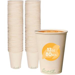 100% Compostable Disposable Coffee Cups [12oz 80 Pack] Paper Cups Made from Bamboo, Eco-Friendly, Biodegradable Premium Party Cups, Natural Unbleached by Earth's Natural Alternative
