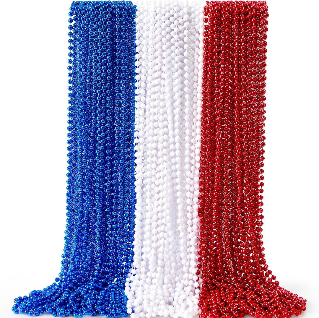 JOYIN 72 Pcs July 4th Plastic Necklaces Toy, Red White Blue Patriotic Beads Necklace, July 4th Parade Throws Bulk, Metallic Necklace for Adult, Dress Up Accessories, Independence Day Party Favor Supply