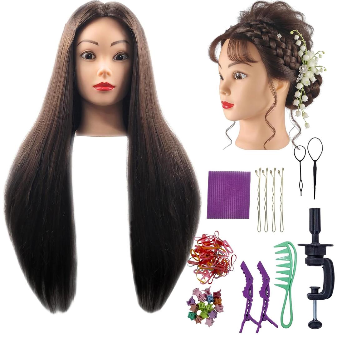 Mannequin Head with 28 inch Hair to Practice Hairstyling Braiding Cosmetology Training Head Mannikin Doll Head for Hairdresser Beginner Learning Teaching