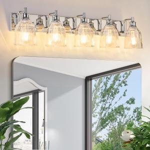5 Light Bathroom Light Fixtures Modern Chrome Vanity Lights for Bathroom Lighting Fixtures Over Mirror with Thickened Glass Shade for Cabinet Mirror Bedroom Hallway, 37.4 x 8.3 inches