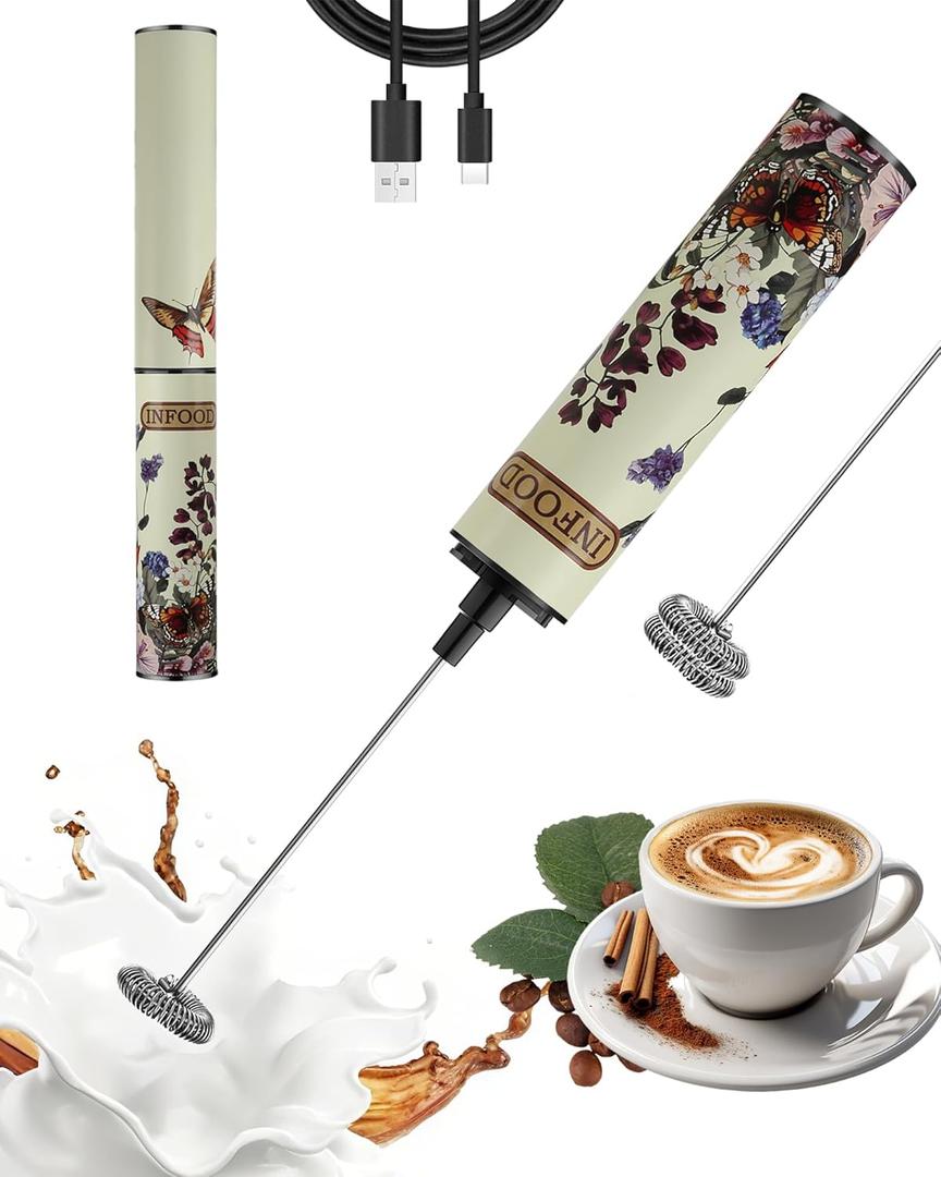 INFOOD Milk Frother Rechargeable with Cover - Coffee Frother Wand, Drink Mixer Handheld with 2 Detachable Stainless Whisks 2 Speed Adjustable for Latte, Cappuccino, Hot Chocolate, Egg, Vintage Floral