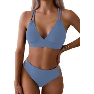 Tainehs Women's Push Up V Neck Bikini Sets Criss Cross Back Two Piece Bathing Suit (Medium, Gray Blue)