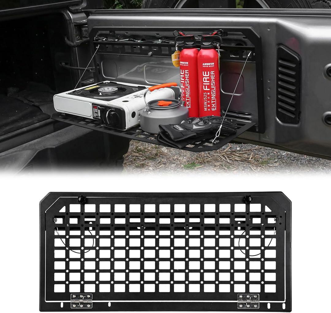 Tailgate Table Rear Foldable Storage Cargo Rack, Storage Shelf Molle Panel for 2007-2024 Jeep Wrangler JKU &JL JLU 4 Door(Not fit with Low Speaker JK Models), without bag