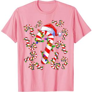 Red and White Christmas Candy Cane Santa Lights Christmas T-Shirt, Large