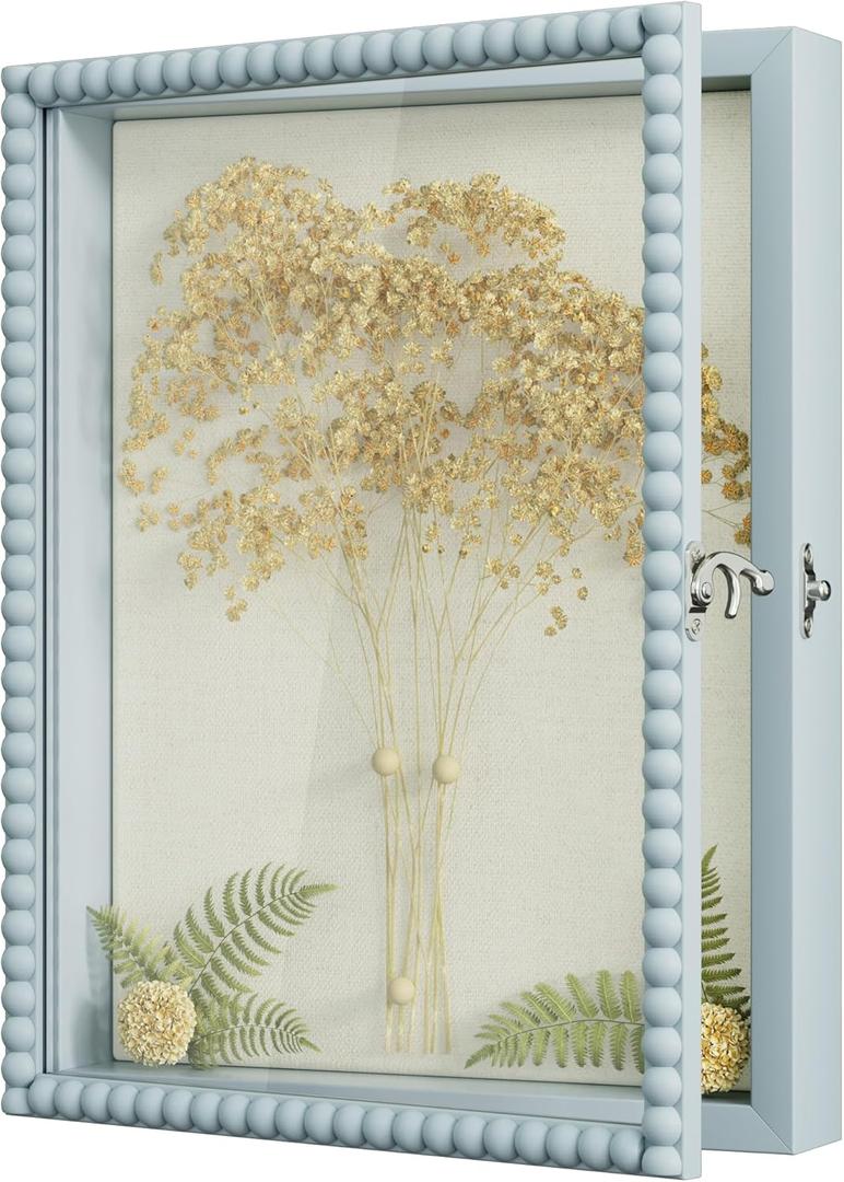 Love-KANKEI Shadow Box Frame 11x14, Deep Large Shadow Box Display Case with Unique Beads Door and Glass Window, Wood Memory Box Gift for Pictures,Medals,Memorabilia,Collections Blue