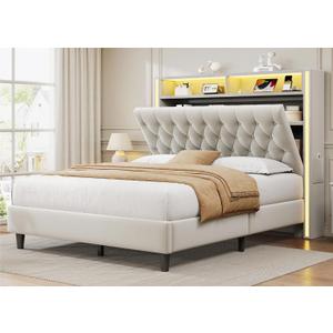 Full Size Bed Frame with Tall Headboard, 53" Velvet Upholstered Full Bed Frame with 3-Tier Storage Headboard and Sleek Vertical LED Light, Charging Station, Sturdy & Easy to Assemble, Cream White