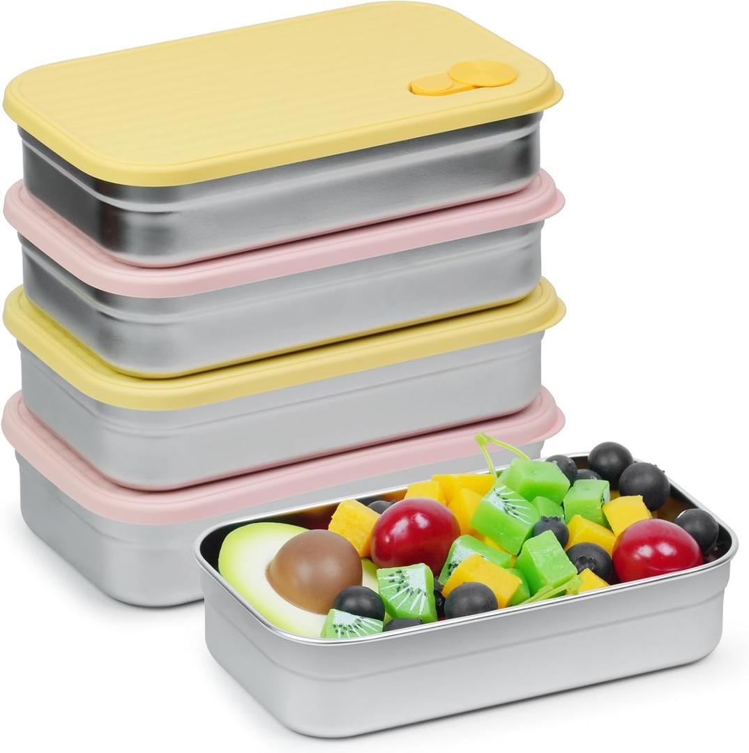 4 Pack Stainless Steel Snack Containers, 22oz Reusable Food Storage Containers with Lids, Metal Meal Prep Lunch Box, Dishwasher Safe, Snack Box Container for Trave & Outdoor Camping (Pink, Yellow)
