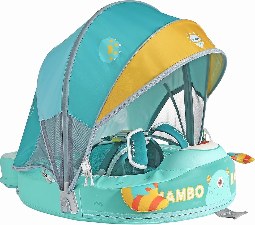 Mambobaby Float with Canopy Size Improved Non Inflatable Infant Baby Pool Float Smart Mambo Float Swim Trainer Add Tail Swim Float Mambo Float Solid Air Free Water Waist Swimming Ring, adjustable