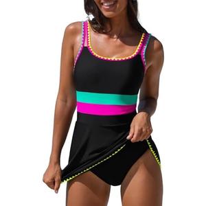 Popvil Women One Piece Swimsuit 2026 Tummy Control Bathing Suit Neon Modest Swim Dress with Skirt Full Coverage, L