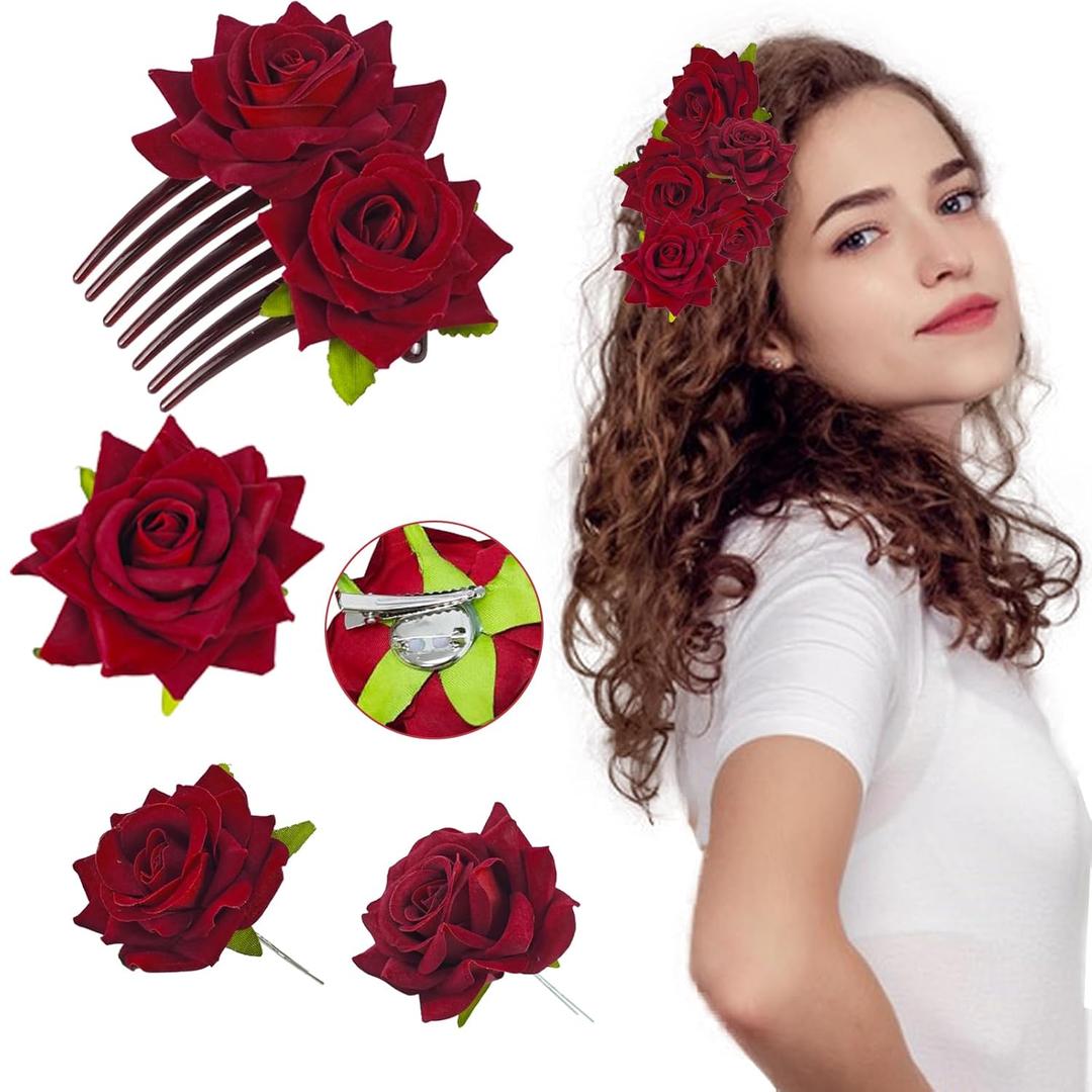 4 Pcs Red Rose Hair Clip Rose Brooch Elegant Floral Clips Bridal Wedding Accessories for Women Girls Bride Flamenco Dancer Wedding
