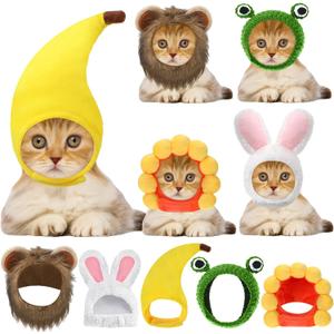 Weewooday 5 Pcs Cat Adorable Costume Bunny Hat with Ears Funny Mane Cat Hat for Pets and Small Dogs Kitten Puppy Party Costume Accessory Headwear(Lion, Frog, Rabbit, Sunflower, Banana)