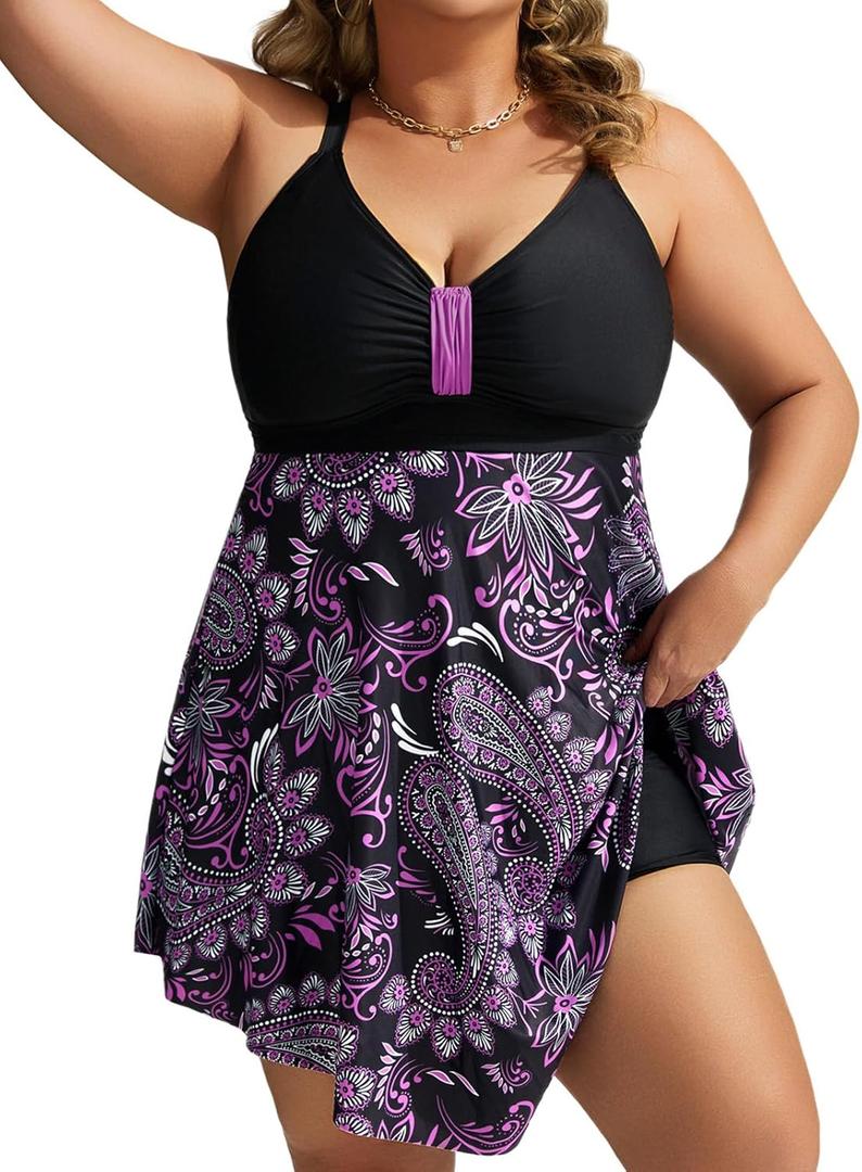 Hanna Nikole Womens Plus Size Swim Dress Swimsuit One Piece Tummy Control Bathing Suit Flowy Body Shaping Swimwear (X-Large, Puple Flower)