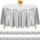 9 Pack 105 Inch Round Tablecloth, Silver Satin Fabric Table Cloth for Round Table, Wrinkle Resistant Washable Table Cover Bright Silk Table Clothes for Wedding Party Dining Table Banquet