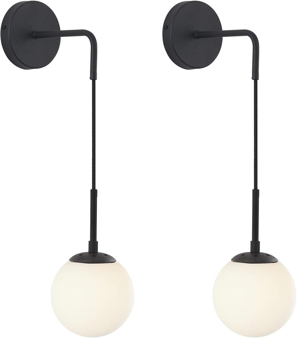 KCO Lighting Frosted White Glass Wall Sconce Set of Two Black Globe Ball Wall Light Adjustable Cord Industrial Vanity Wall Lamp for Bathroom Mirror Bedside Stairs (White)