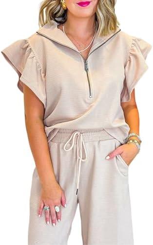 SELINK Two Piece Sets for Women Summer Outfits Ruffle Cap Sleeve Zip Top Wide Leg Pants Lounge Set Tracksuits, XL