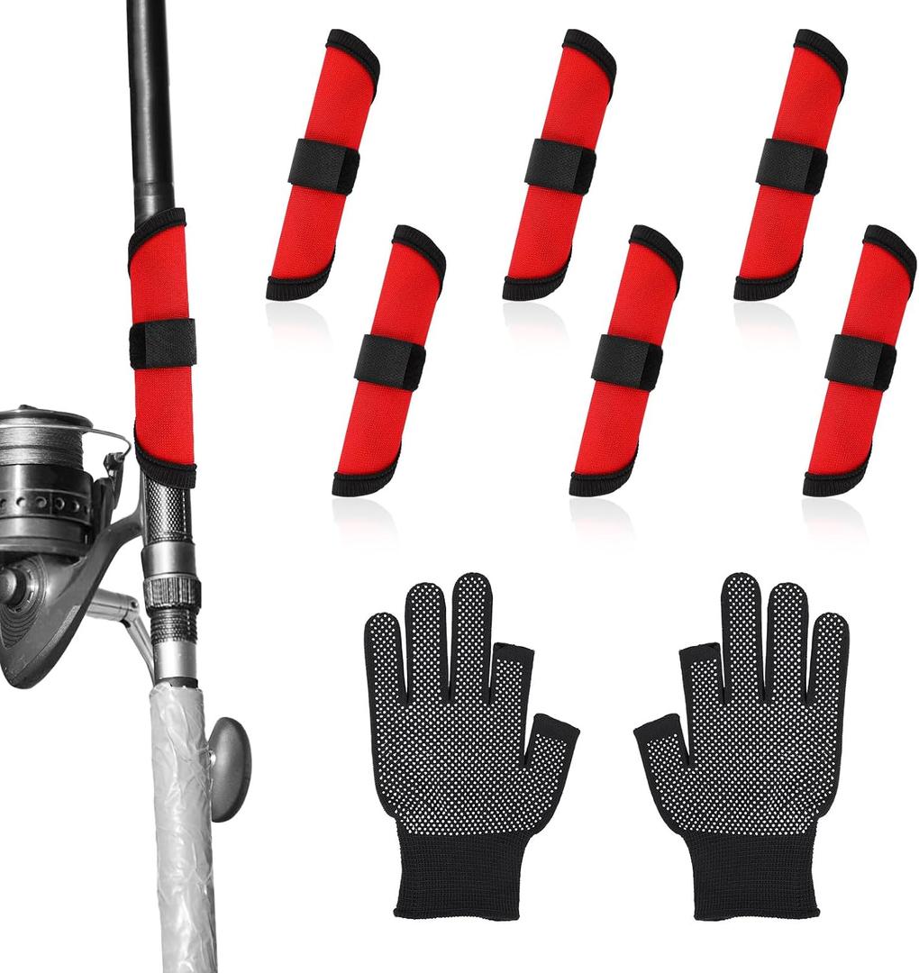2 x BOXOB 6pcs Fishing Lure Covers, 5.91 Inch Fishing Hook Covers with 1 Pair of Gloves Fish Bait Gloves Protectors Fish Pole Sleeve Wraps Essential Gear for Fishermen Gift