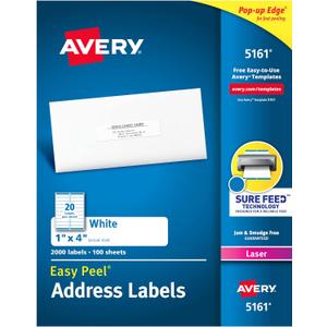 Avery Easy Peel Printable Address Labels with Sure Feed, 1" x 4", White, 2,000 Blank Mailing Labels for Laser Printers (5161)