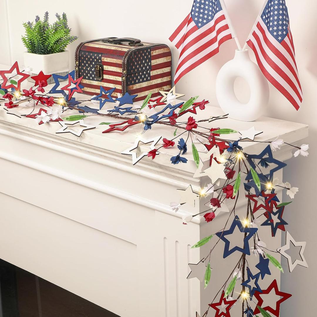 6ft 4th of July Garland 250th Anniversary Red White Blue Garland Patriotic American Lighted Vine Branches Star Ornaments and LED Twigs for Home Office Mantel Fireplace Shelf Table Decor