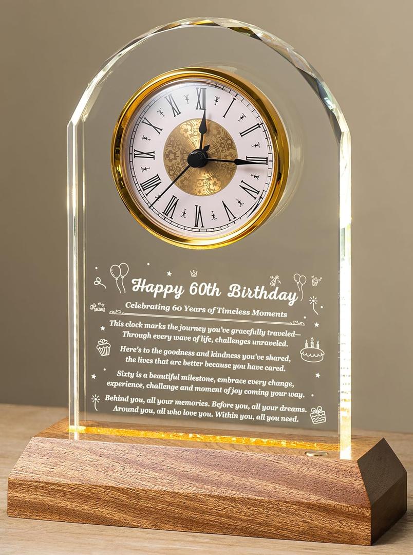 60th Birthday Clock Gifts for Women and Men Gift for 60 Year Old Mom, Dad, Grandma, or Grandpa with Wooden LED Light Base Birthday Present Ideas for Her or Him with Gift Box Battery Not Included