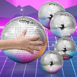CHENGU 4 Pack Large Disco Ball Decor Silver Mirror Disco Themed Party Decorations Reflective Hanging Ornament for Wedding Ballroom Dance and Music Hall Festivals Club Stage Prom Props (8 Inch, 6 Inch, 4 Inch)