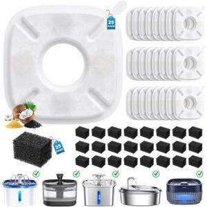 50 Pcs Cat Water Fountain Filters for Veken 95oz/2.8L, 67oz, 85oz, 135oz Dog Water Fountain Automatic Pet Fountain Dog Water Dispenser 25Pcs Pet Fountain Filter Replacement & 25Pcs Pre-Filter Sponges