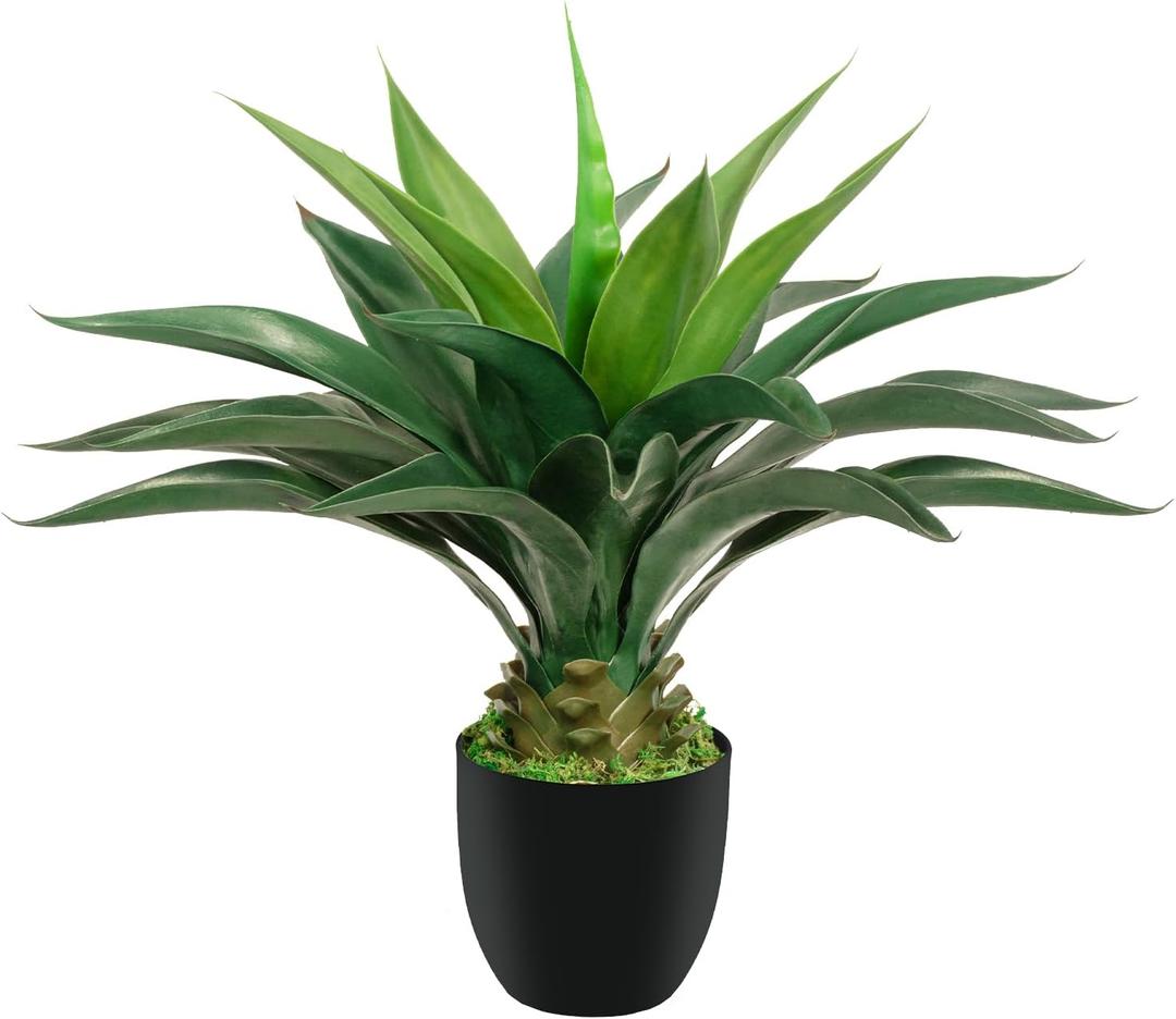Artificial Agave Plant 2ft - 24" Large Fake Aloe Vera Plants Indoor with Fake Grass - Fake Floor Plant for Front Porch Patio Home Office Door Step Hotel Desert Style Decor 1PCS (Black Pot)