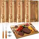 Honeydak 4 Set Acacia Wooden Steak Board Steak Plate Cutting Board with Fork, Knife and Sauce Cups 15.7 Inches Wood Serving Tray for Cheese Charcuterie Meat and Poultry, Birthday Wedding Gift